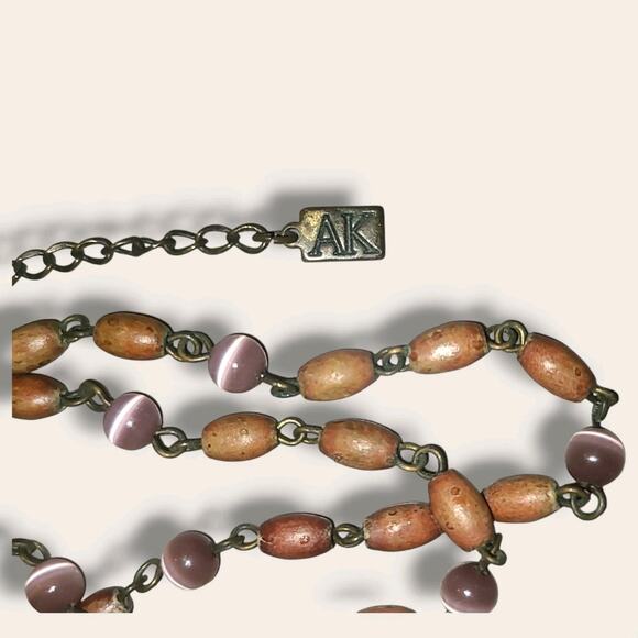 Vintage Anne Klein Etched Mother Of Pearl Pendant Necklace‎ Wood & Glass Beads - Picture 8 of 9